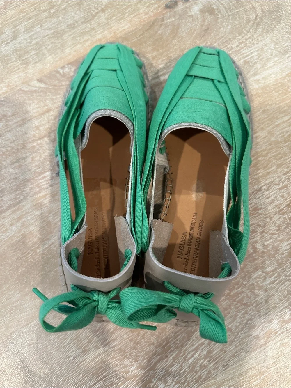 NAGUISA SOC Espadrille Flats Green Fabric Lace Up Sandal Shoes Women Size 39/8.5